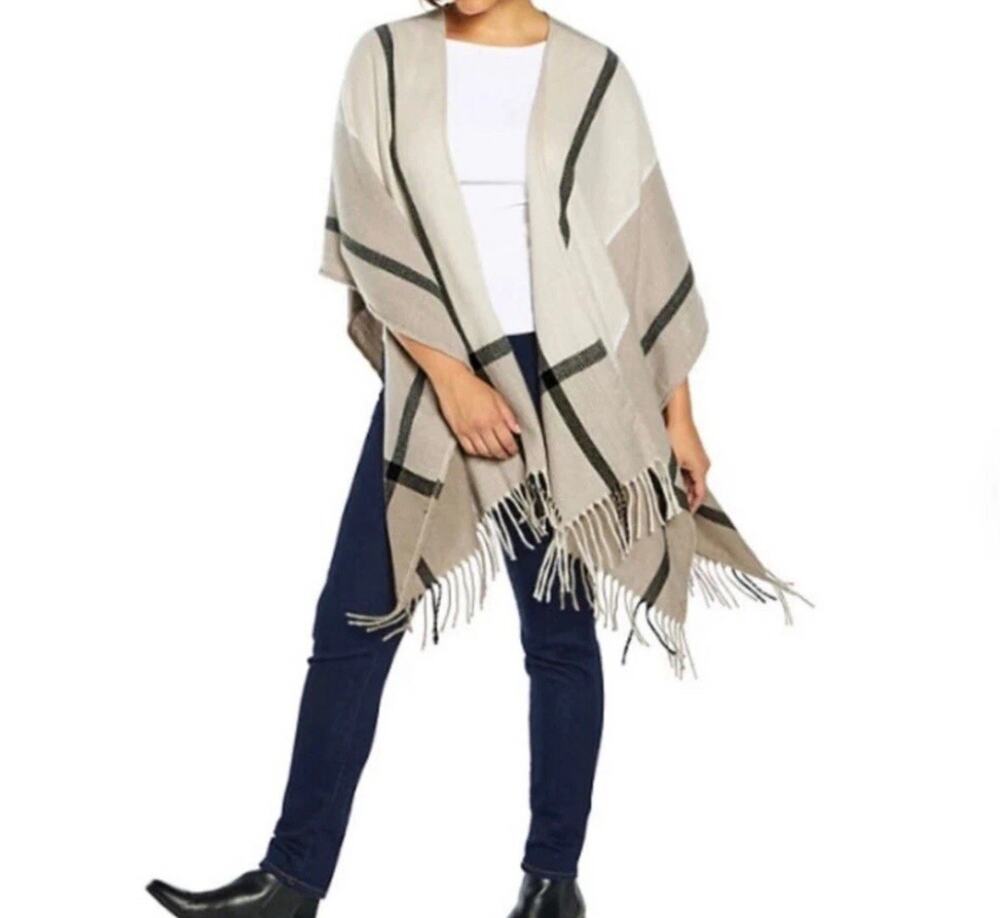 Three Dots Wrap Fringe Shawl OS Size Neutral Miranda Plaid Cashmere Blend Tan